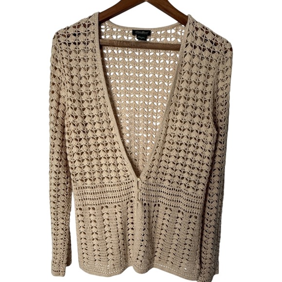 Eddie Bauer Sweaters - Eddie Bauer Women Beige Hand Crocheted Linen Cotton Cardigan Sweater Size L Boho